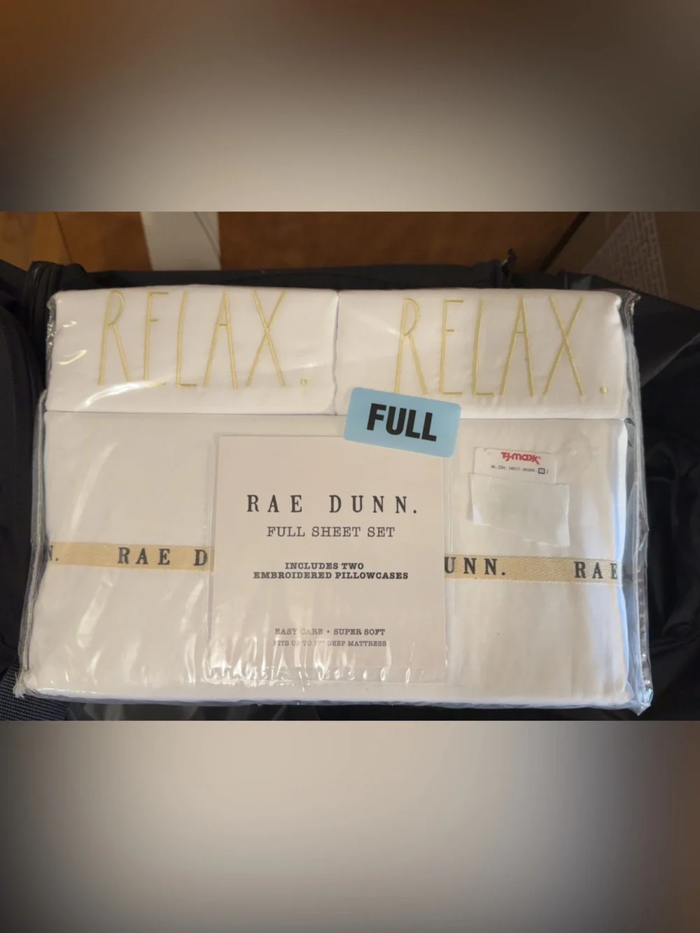 NWT Rae Dunn 'Relax' Full Sheet Set - White with Gold Embroidery